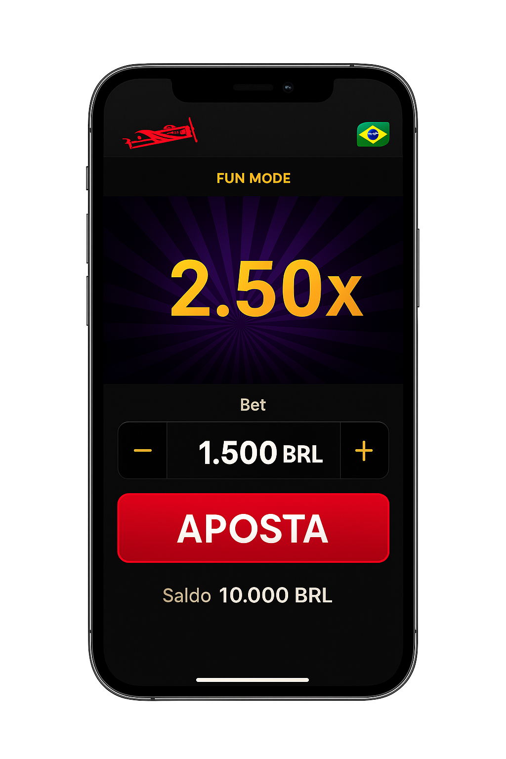 Tela de jogo Aviator em smartphone com aposta de 1500 BRL e multiplicador 2,5x